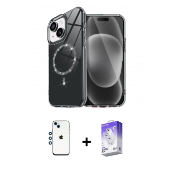 MARSİLYAN™- iPhone 14 Kılıf Kıvılcım Form Prime - Siyah Bilvis 5in1 3D Magic Cam Ekran Koruyucu + Shine Kamera Lens - MI