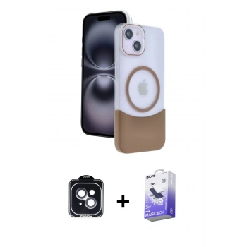 MARSİLYAN™- iPhone 14 Kılıf Kozmos Form Özel Seri - Siyah Bilvis 5in1 5D Magic Hayalet Cam Ekran Koruyucu + PVD Metal Kamera Lens - SH