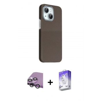 MARSİLYAN™- iPhone 14 Kılıf Kozmos Klasik Prime - Siyah Bilvis 5in1 3D Magic Cam Ekran Koruyucu + Raze Metal Kamera Lens - GS