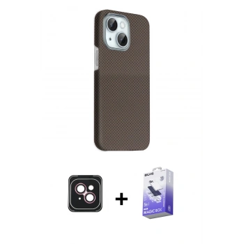 MARSİLYAN™- iPhone 14 Kılıf Kozmos Klasik Prime - Siyah Bilvis 5in1 5D Magic Hayalet Cam Ekran Koruyucu + PVD Metal Kamera Lens - PE
