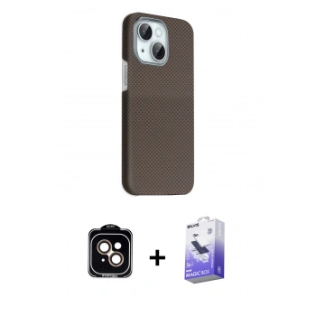 MARSİLYAN™- iPhone 14 Kılıf Kozmos Klasik Prime - Siyah Bilvis 5in1 5D Magic Hayalet Cam Ekran Koruyucu + PVD Metal Kamera Lens - TU