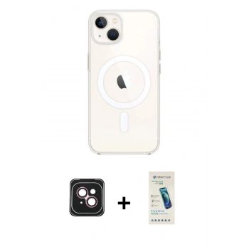 MARSİLYAN™- iPhone 14 Kılıf Kutup Klasik Serisi - Şeffaf Pasifik Cam Ekran Koruyucu + PVD Metal Kamera Lens - PE