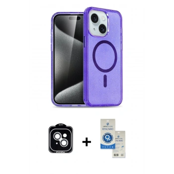 MARSİLYAN™- iPhone 14 Kılıf Nova Asil Prime - Şeffaf Royal Nano Ekran Koruyucu + PVD Metal Kamera Lens - GS