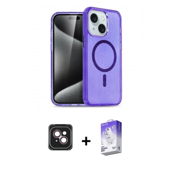 MARSİLYAN™- iPhone 14 Kılıf Nova Asil Prime - Siyah Bilvis 5in1 3D Magic Cam Ekran Koruyucu + PVD Metal Kamera Lens - PE