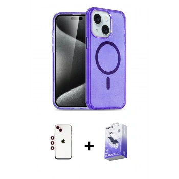 MARSİLYAN™- iPhone 14 Kılıf Nova Asil Prime - Siyah Bilvis 5in1 5D Magic Hayalet Cam Ekran Koruyucu + Shine Kamera Lens - KI