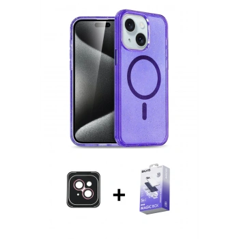 MARSİLYAN™- iPhone 14 Kılıf Nova Asil Prime - Siyah Bilvis 5in1 5D Magic Hayalet Cam Ekran Koruyucu + PVD Metal Kamera Lens - PE