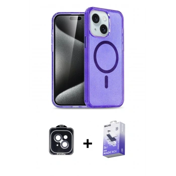 MARSİLYAN™- iPhone 14 Kılıf Nova Asil Prime - Siyah Bilvis 5in1 5D Magic Hayalet Cam Ekran Koruyucu + PVD Metal Kamera Lens - SH