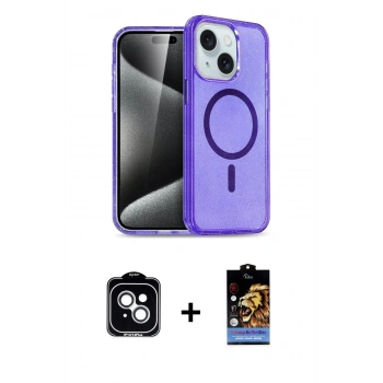 MARSİLYAN™- iPhone 14 Kılıf Nova Asil Prime - Siyah Buffer Hayalet Cam Ekran Koruyucu + PVD Metal Kamera Lens - GS