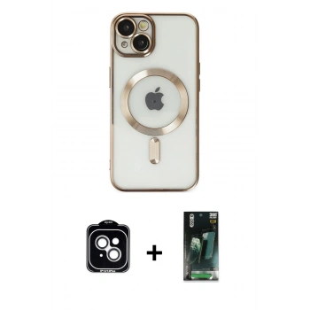 MARSİLYAN™- iPhone 14 Kılıf Nova Işık Özel Seri - Şeffaf 360 Full Body Arka Koruyucu + PVD Metal Kamera Lens - GS