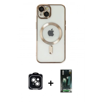 MARSİLYAN™- iPhone 14 Kılıf Nova Işık Özel Seri - Şeffaf 360 Full Body Arka Koruyucu + PVD Metal Kamera Lens - YL
