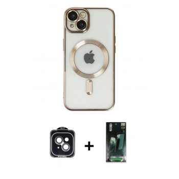 MARSİLYAN™- iPhone 14 Kılıf Nova Işık Özel Seri - Şeffaf 360 Full Body Arka Koruyucu + PVD Metal Kamera Lens - SH
