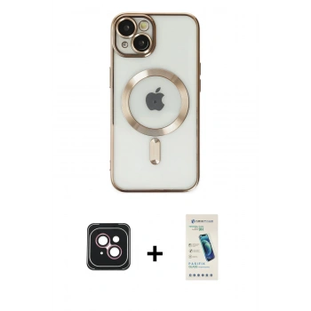 MARSİLYAN™- iPhone 14 Kılıf Nova Işık Özel Seri - Şeffaf Pasifik Cam Ekran Koruyucu + PVD Metal Kamera Lens - PE