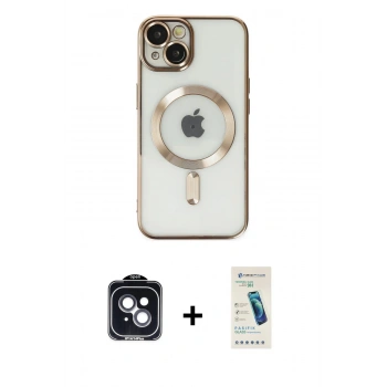 MARSİLYAN™- iPhone 14 Kılıf Nova Işık Özel Seri - Şeffaf Pasifik Cam Ekran Koruyucu + PVD Metal Kamera Lens - SH