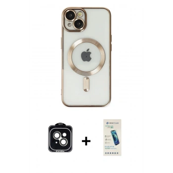 MARSİLYAN™- iPhone 14 Kılıf Nova Işık Özel Seri - Şeffaf Pasifik Cam Ekran Koruyucu + PVD Metal Kamera Lens - YL