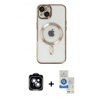 MARSİLYAN™- iPhone 14 Kılıf Nova Işık Özel Seri - Şeffaf Royal Nano Ekran Koruyucu + PVD Metal Kamera Lens - MI