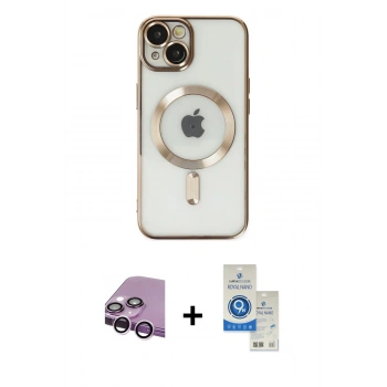 MARSİLYAN™- iPhone 14 Kılıf Nova Işık Özel Seri - Şeffaf Royal Nano Ekran Koruyucu + Raze Metal Kamera Lens - MR