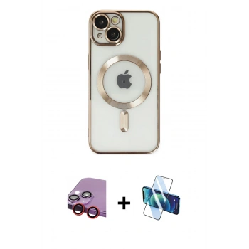 MARSİLYAN™- iPhone 14 Kılıf Nova Işık Özel Seri - Siyah 3D Antistatik Cam Ekran Koruyucu + Raze Metal Kamera Lens - KI