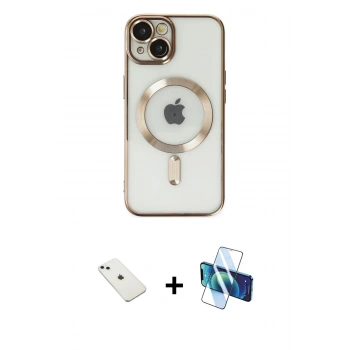 MARSİLYAN™- iPhone 14 Kılıf Nova Işık Özel Seri - Siyah 3D Antistatik Cam Ekran Koruyucu + Diamond Kamera Lens - SABE