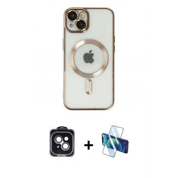 MARSİLYAN™- iPhone 14 Kılıf Nova Işık Özel Seri - Siyah 3D Antistatik Cam Ekran Koruyucu + PVD Metal Kamera Lens - SH