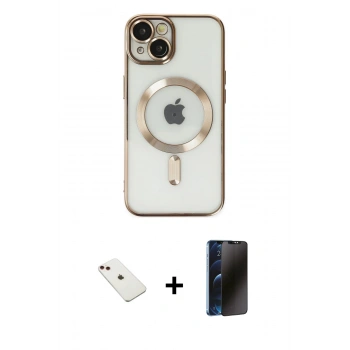 MARSİLYAN™- iPhone 14 Kılıf Nova Işık Özel Seri - Siyah 3D Antistatik Hayalet Cam Ekran Koruyucu + Diamond Kamera Lens - KI