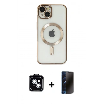 MARSİLYAN™- iPhone 14 Kılıf Nova Işık Özel Seri - Siyah 3D Antistatik Hayalet Cam Ekran Koruyucu + PVD Metal Kamera Lens - MI