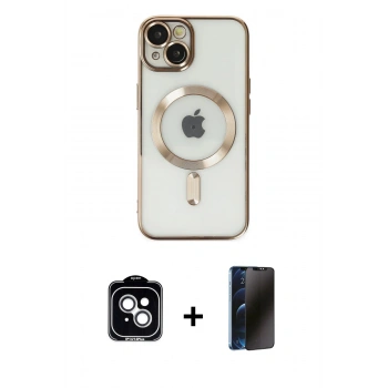 MARSİLYAN™- iPhone 14 Kılıf Nova Işık Özel Seri - Siyah 3D Antistatik Hayalet Cam Ekran Koruyucu + PVD Metal Kamera Lens - GS
