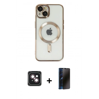 MARSİLYAN™- iPhone 14 Kılıf Nova Işık Özel Seri - Siyah 3D Antistatik Hayalet Cam Ekran Koruyucu + PVD Metal Kamera Lens - PE