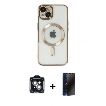 MARSİLYAN™- iPhone 14 Kılıf Nova Işık Özel Seri - Siyah 3D Antistatik Hayalet Cam Ekran Koruyucu + PVD Metal Kamera Lens - SH