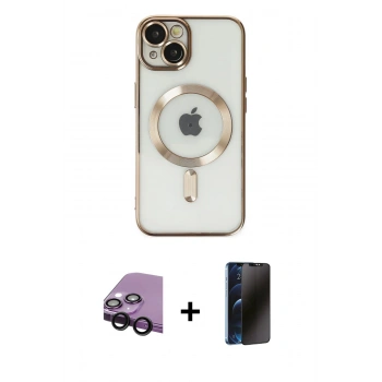 MARSİLYAN™- iPhone 14 Kılıf Nova Işık Özel Seri - Siyah 3D Antistatik Hayalet Cam Ekran Koruyucu + Raze Metal Kamera Lens - SH