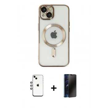 MARSİLYAN™- iPhone 14 Kılıf Nova Işık Özel Seri - Siyah 3D Antistatik Hayalet Cam Ekran Koruyucu + Shine Kamera Lens - GI