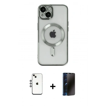 MARSİLYAN™- iPhone 14 Kılıf Nova Işık Özel Seri - Siyah 3D Antistatik Hayalet Cam Ekran Koruyucu + Shine Kamera Lens - GS