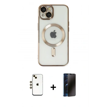 MARSİLYAN™- iPhone 14 Kılıf Nova Işık Özel Seri - Siyah 3D Antistatik Hayalet Cam Ekran Koruyucu + Shine Kamera Lens - GD