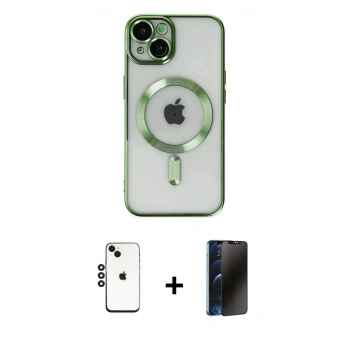 MARSİLYAN™- iPhone 14 Kılıf Nova Işık Özel Seri - Siyah 3D Antistatik Hayalet Cam Ekran Koruyucu + Shine Kamera Lens - SH
