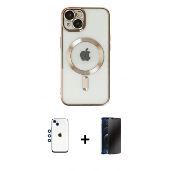 MARSİLYAN™- iPhone 14 Kılıf Nova Işık Özel Seri - Siyah 3D Antistatik Hayalet Cam Ekran Koruyucu + Shine Kamera Lens - MI