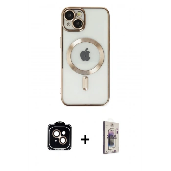 MARSİLYAN™- iPhone 14 Kılıf Nova Işık Özel Seri - Siyah Bilvis 3D Cam Ekran Koruyucu + PVD Metal Kamera Lens - TU