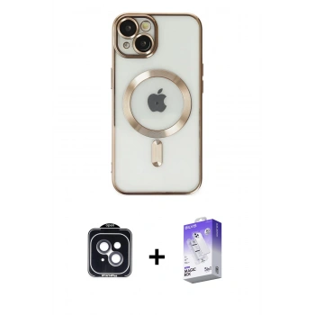 MARSİLYAN™- iPhone 14 Kılıf Nova Işık Özel Seri - Siyah Bilvis 5in1 3D Magic Cam Ekran Koruyucu + PVD Metal Kamera Lens - SH