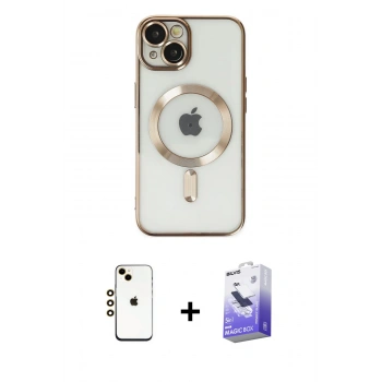MARSİLYAN™- iPhone 14 Kılıf Nova Işık Özel Seri - Siyah Bilvis 5in1 5D Magic Hayalet Cam Ekran Koruyucu + Shine Kamera Lens - GD