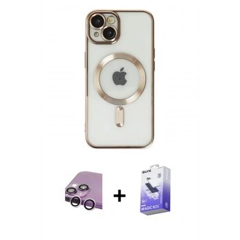 MARSİLYAN™- iPhone 14 Kılıf Nova Işık Özel Seri - Siyah Bilvis 5in1 5D Magic Hayalet Cam Ekran Koruyucu + Raze Metal Kamera Lens - MR