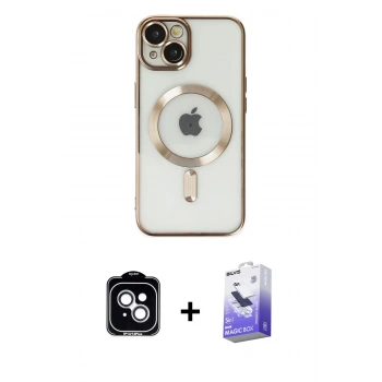 MARSİLYAN™- iPhone 14 Kılıf Nova Işık Özel Seri - Siyah Bilvis 5in1 5D Magic Hayalet Cam Ekran Koruyucu + PVD Metal Kamera Lens - GS