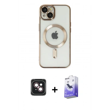 MARSİLYAN™- iPhone 14 Kılıf Nova Işık Özel Seri - Siyah Bilvis 5in1 5D Magic Hayalet Cam Ekran Koruyucu + PVD Metal Kamera Lens - PE