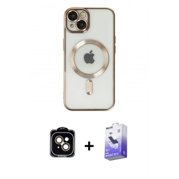 MARSİLYAN™- iPhone 14 Kılıf Nova Işık Özel Seri - Siyah Bilvis 5in1 5D Magic Hayalet Cam Ekran Koruyucu + PVD Metal Kamera Lens - TU