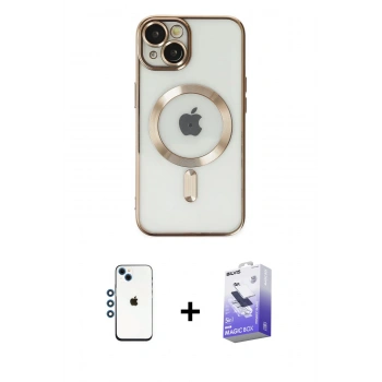 MARSİLYAN™- iPhone 14 Kılıf Nova Işık Özel Seri - Siyah Bilvis 5in1 5D Magic Hayalet Cam Ekran Koruyucu + Shine Kamera Lens - MI