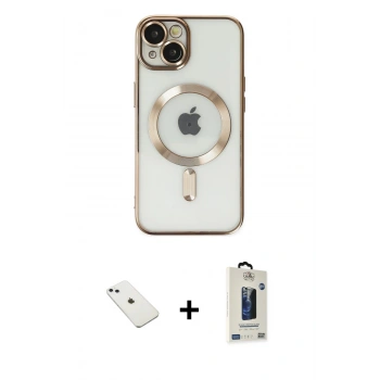 MARSİLYAN™- iPhone 14 Kılıf Nova Işık Özel Seri - Siyah Bilvis Hayalet Cam Ekran Koruyucu + Diamond Kamera Lens - SABE