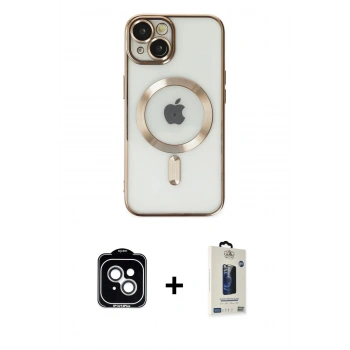 MARSİLYAN™- iPhone 14 Kılıf Nova Işık Özel Seri - Siyah Bilvis Hayalet Cam Ekran Koruyucu + PVD Metal Kamera Lens - GS