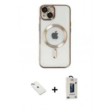 MARSİLYAN™- iPhone 14 Kılıf Nova Işık Özel Seri - Siyah Bilvis Hayalet Cam Ekran Koruyucu + Diamond Kamera Lens - PE