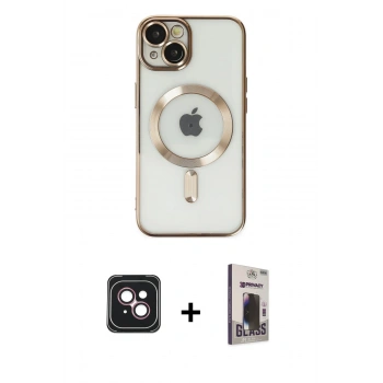 MARSİLYAN™- iPhone 14 Kılıf Nova Işık Özel Seri - Siyah Bilvis Hayalet Cam Ekran Koruyucu + PVD Metal Kamera Lens - PE