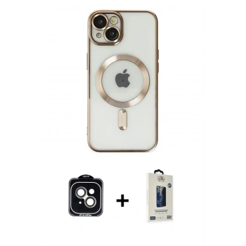 MARSİLYAN™- iPhone 14 Kılıf Nova Işık Özel Seri - Siyah Bilvis Hayalet Cam Ekran Koruyucu + PVD Metal Kamera Lens - YL