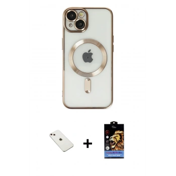 MARSİLYAN™- iPhone 14 Kılıf Nova Işık Özel Seri - Siyah Buffer Hayalet Cam Ekran Koruyucu + Diamond Kamera Lens - PE