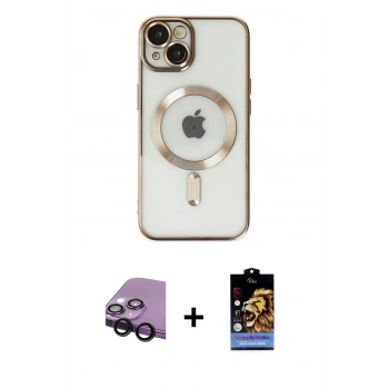 MARSİLYAN™- iPhone 14 Kılıf Nova Işık Özel Seri - Siyah Buffer Hayalet Cam Ekran Koruyucu + Raze Metal Kamera Lens - SH