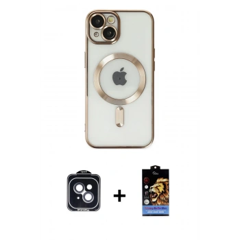 MARSİLYAN™- iPhone 14 Kılıf Nova Işık Özel Seri - Siyah Buffer Hayalet Cam Ekran Koruyucu + PVD Metal Kamera Lens - SH